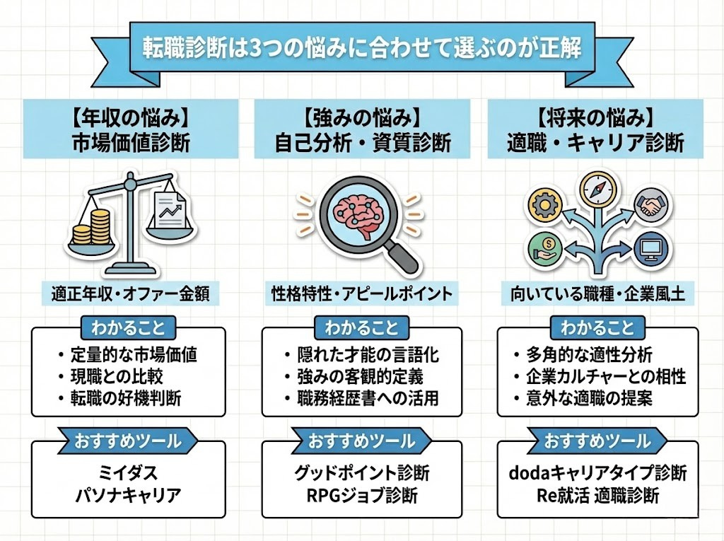 転職診断は3つの悩みに合わせて選ぶのが正解
