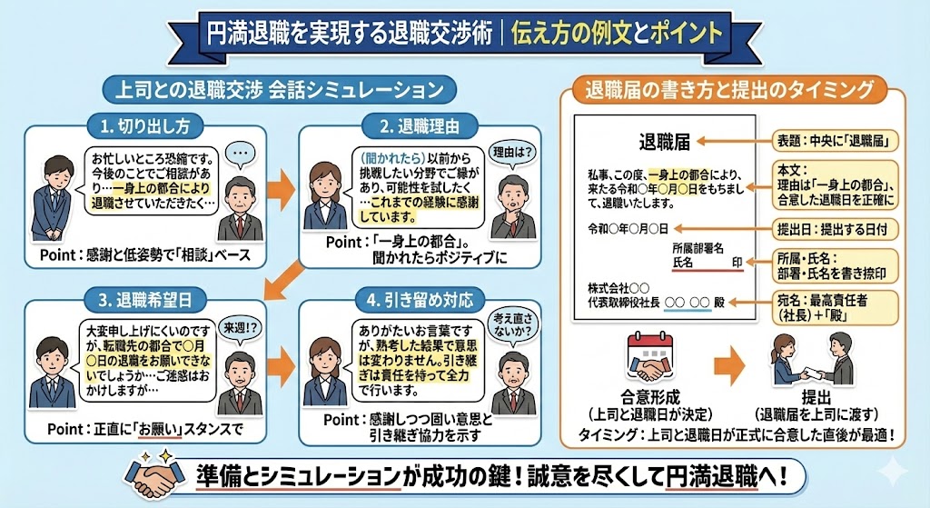 円満退職を実現する退職交渉術｜伝え方の例文とポイント