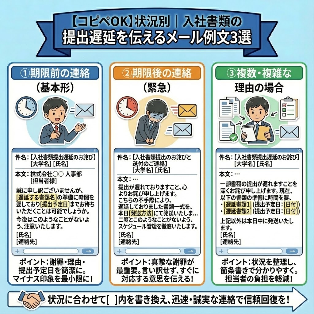 【コピペOK】状況別|入社書類の提出遅延を伝えるメール例文3選
