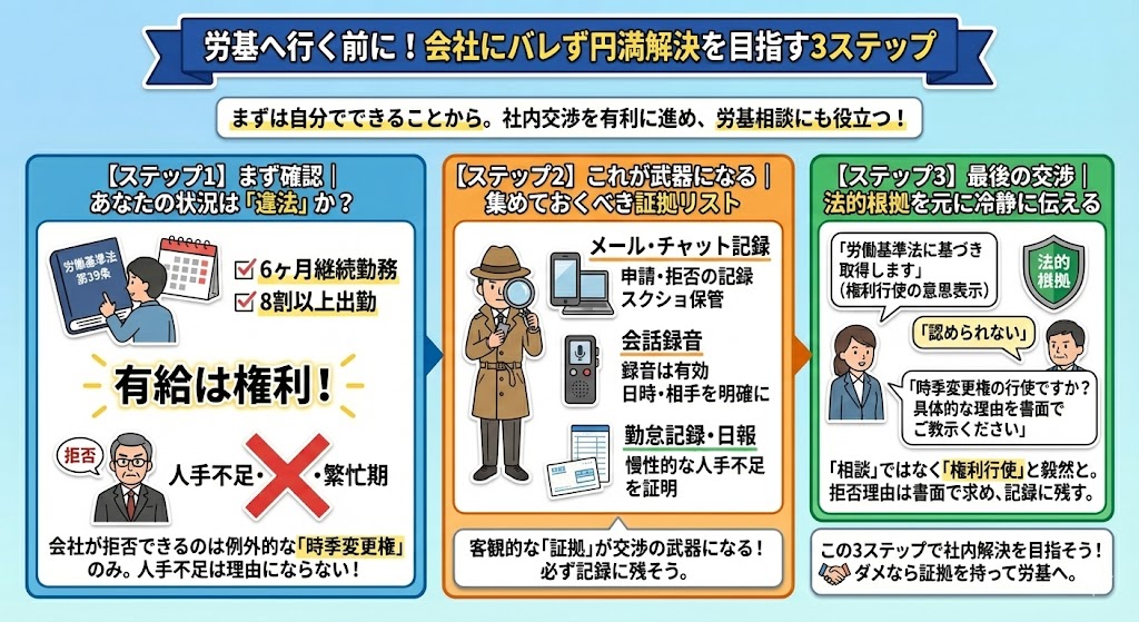 労基へ行く前に！会社にバレず円満解決を目指す3ステップ