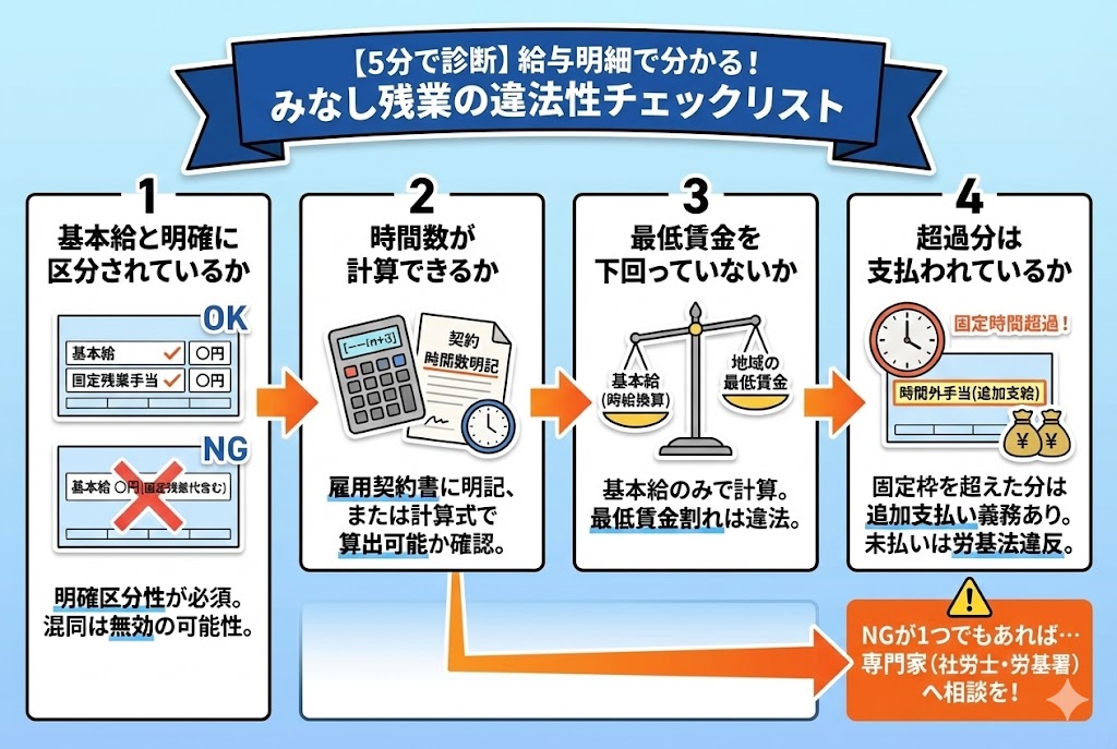 【5分で診断】あなたのみなし残業は大丈夫？給与明細で分かる違法性チェックリスト