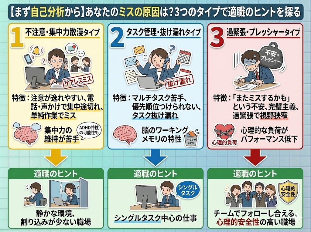 【まず自己分析から】あなたのミスの原因は？3つのタイプで適職のヒントを探る