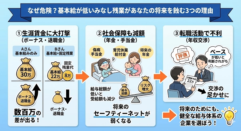 なぜ危険？基本給が低いみなし残業があなたの将来を蝕む3つの理由