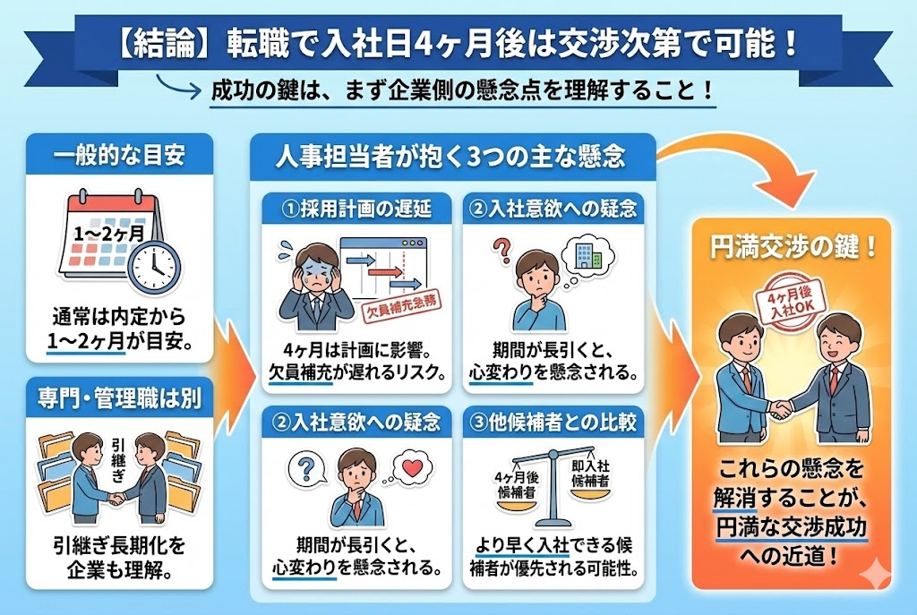 結論|転職で入社日4ヶ月後は交渉次第で可能!企業側の懸念点を理解しよう