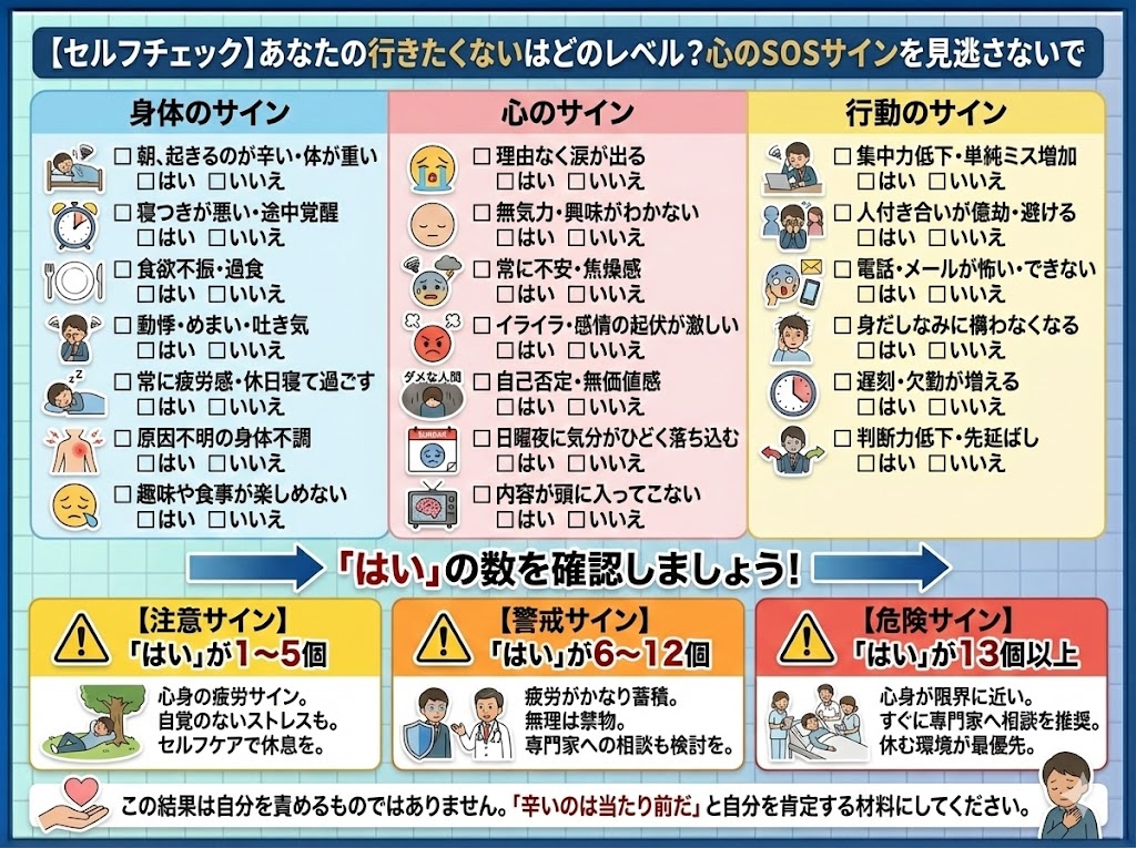 【セルフチェック】あなたの行きたくないはどのレベル?心のSOSサインを見逃さないで