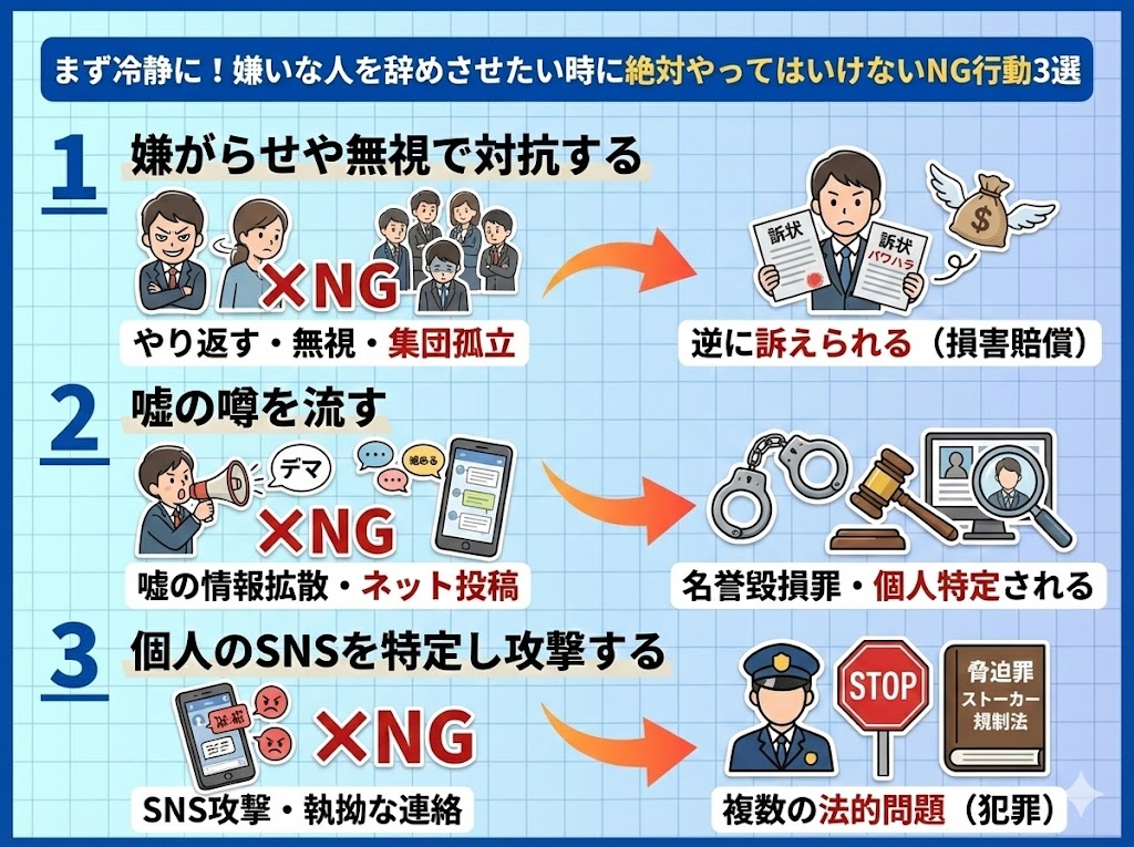 まず冷静に！嫌いな人を辞めさせたい時に絶対やってはいけないNG行動3選